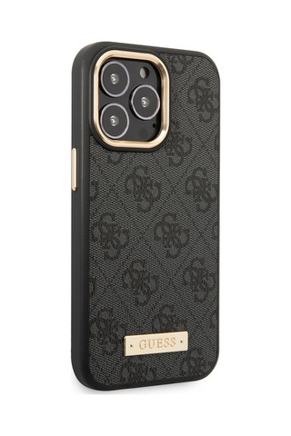 Apple Uyumlu iPhone 15 Pro Max Kılıf Guess Lisanslı M-safe 4g Desenli Pu Metal Plaka Logolu Siyah Siyah