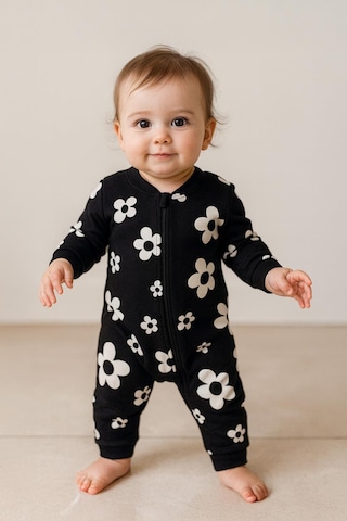 Unisex Bebek Papatya Desenli Pamuklu Siyah Tulum Siyah