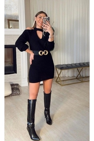 Defymoda Kadın Uzun Kollu Omuzları Açık Boyundan Şerit Detay Kaşkorse Elbise Siyah