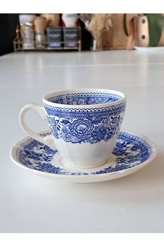 Vintage Burgenland Çiçek Desenli Antika Çay Fincanı Seti Mavi Mavi