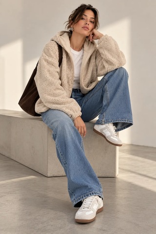 Bb Butik Basic Kadın Kapüşonlu Fermuarlı Peluş Ceket Oversize Rahat Kesim My3535 Bej