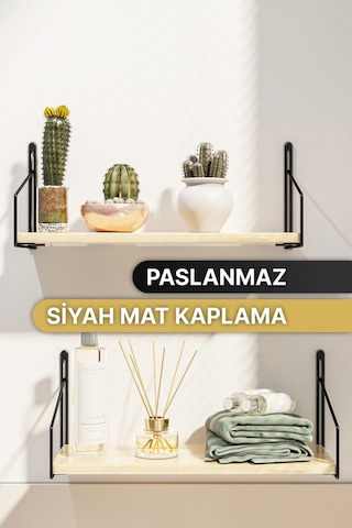 Bino Masif Ahşap Duvar Rafı  Lüks Dekoratif Banyo Mutfak Rafı 2'li