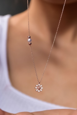 925 Ayar Gümüş Rose Kaplama Incili Dorika Toplu Mineli Papatya Kolye