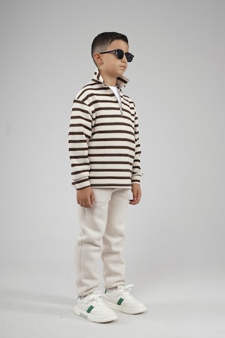King-Brich Kingbrich Kids Oversize Kalıp Çizgili Yakası Fermuarlı Sweatshirt Kahve