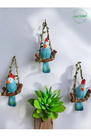 3 Adet Dekoratif Sallanan Duvar Ve Bahçe Süsü Kuş Biblo Mavi
