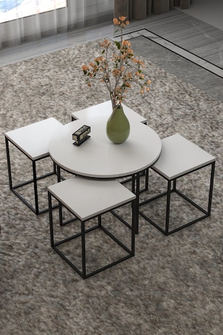 Vexor Orta Sehpa Ve Zigon Sehpa Oval Lüx 5'li Set Beyaz Çok Renkli