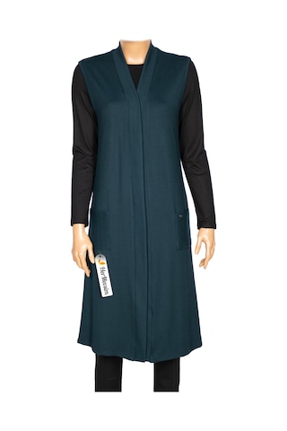 Hesna Kadın Deva Büyük Beden Cepli Dik Fitilli Soft Petrol Yelek 001