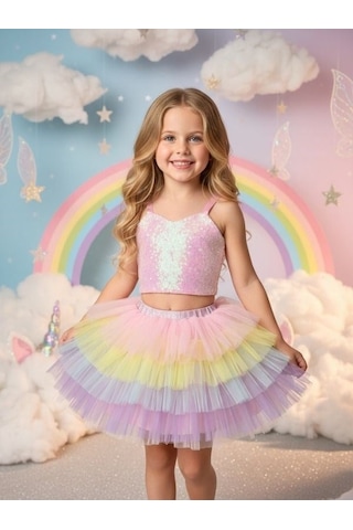 Zekids Kız Çocuk Pullu Crop Tütülü İkili Abiye Takım-17121 Çok Renkli