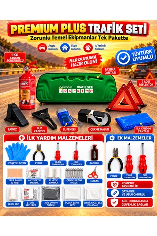 Premium Trafik Ve İlk Yardım Seti Tüvtürk Muayene Uyumlu Ce Belgeli Abc 1kg Yangın Söndürücü Ve E Belgeli Reflektör-yeşil Eva