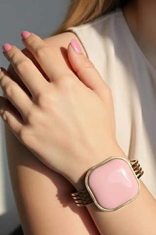 Caş Dekorasyon Altın Renk Pembe Taşlı Çelik Kelepçe Bileklik Altın - Pembe