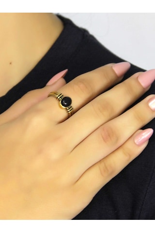 Doğal Taş Oniks Doğal Taşlı Antik Model Kadın Ayarlanabillir Yüzük Euy81o Siyah