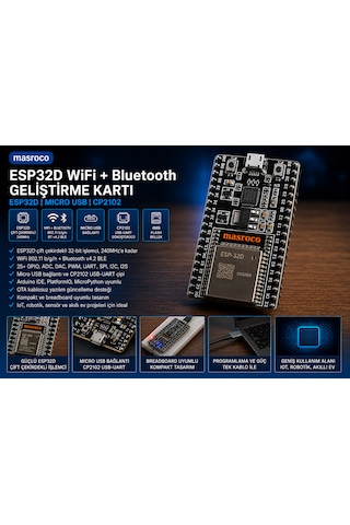 MASROKİT ESP32-D WiFi + Bluetooth Geliştirme Kartlı Eğitim Kiti (Breadboard + Jumper + Kablo+ Güç Modülü)