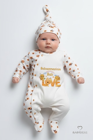 Babyden's Babaannesinin Balı Yazılı Yenidoğan Bebek Tulum Şapka Set Arı Desenli Çıtçıtlı Unisex Tulum Ekru - Çok Renkli