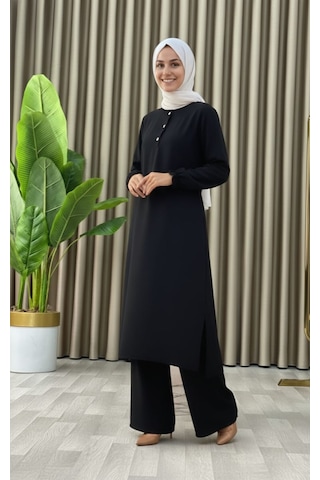 Tesettür İkili Takım Uzun Tunik Bol Paça Pantolon 4006-siyah Siyah