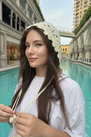 Mollycrush Krem Çiçek Motifli Örgü Hair Band Bağcıklı Yazlık Kadın Başlık Krem