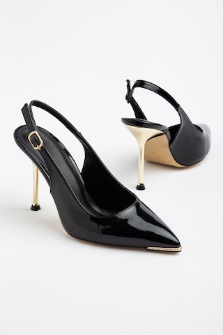 Dilimler Ayakkabı Kadın İnce Topuklu Stiletto Siyah Rugan Metal Taş Aksesuarlı-4540 Siyah