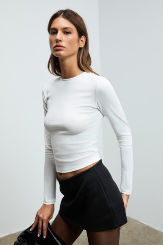 Grımelange Grıgros Kadın Esnek Kumaşlı Vücuda Oturan Slim Fit Uzun Kollu Beyaz T-shirt Beyaz