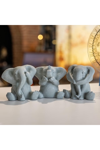 3 Lü Görmedim-duymadım-bilmiyorum Mermerit Fil Biblo - Gri