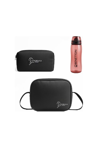 Louisiana Polo 3'lü Set Termal Beslenme Çantası + Kalemlik + Kırmızı Matara Siyah