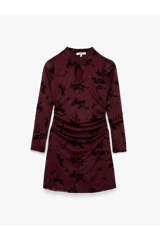 Koton Slim Fit Drapeli Uzun Kollu Dik Qipao Yaka Çiçekli Tül Mini Elbise Bordo 7wak80019pk