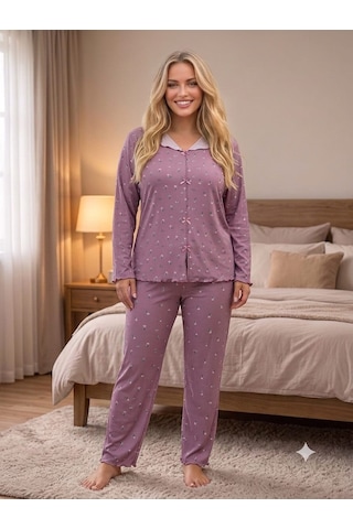 Kadın Büyük Beden Uzun Kollu Desenli Fiyonk Detaylı Kaşkorse Kumaş Pijama Takımı GÜL KURUSU