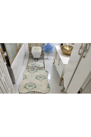 Rose Kelebek Banyo Halısı Klozet Takımı 3'Lü Set Krem