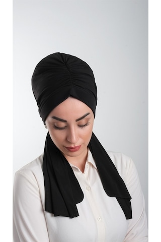 Siyah Pratik Hazır Geçmeli Tesettür Bone Kesik Elyaf Sade 2111_01 Siyah