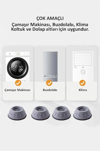 Beyaz Eşya Mobilya Çamaşır Makinesi Altlığı Titreşim Önleyici Kaydırmaz Vantuzlu Stoper 4 Adet Gri 4