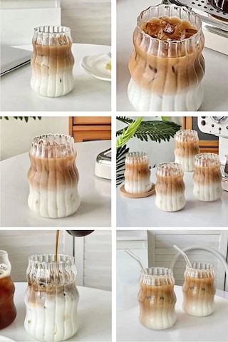 2 Adet Cam Pipetli Çizgili Model Soğuk-sıcak Kahve Bardağı