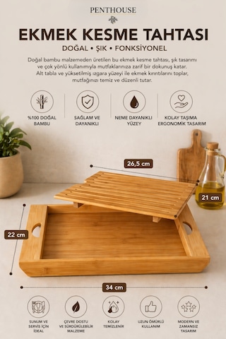 Bambu Ekmek Kesme Tahtası Kırıntı Toplayıcılı Tepsili Doğal Ahşap Kesim Ve Sunum Seti 34x22 Cm Açık Bej