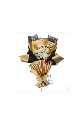 8 Pelüş Ayıcıklı, Kuru Çiçekli Ve Led Işıklı Buket, 59x40cm