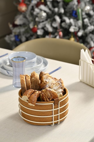 Bej Yuvarlak Ekmek Sepeti Şık,ekmeklik Hardal Hasır Örmeli Makrome-çok Amaçlı Metal Paslanmaz Beyaz