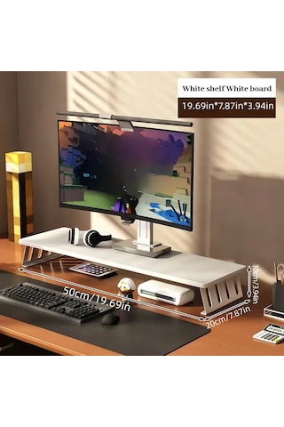 Motion003 Ergonomik Ahşap Monitör Standı Yükseltici Beyaz Stand Beyaz Tahta 50 Cm Büyük Çift Ekran Masa Rafı L Şeklinde Bacaklı Laptop Yükseltici