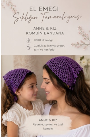 Anne-kız File Pullu Örgü Bandana-yazlık-saç Bandanası -plaj Uyumlu-mor