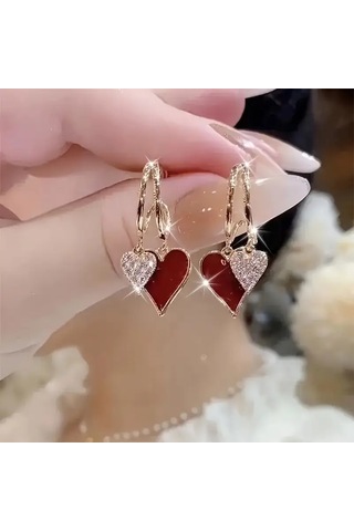 Mumicemum Glamour Çift Kalp Sallantılı Küpeler Altın - Kırmızı