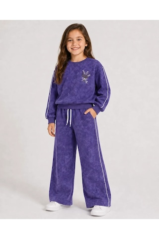 Rony Pony Kids Kız Çocuk Mor Yıkama Efektli Çiçek Nakışlı Omuz Biyeli Sweatshirt Ve Palazzo Eşofman Takımı