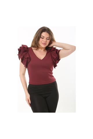 Şans Kadın Büyük Beden Bordo Volan Kollu Arka Gizli Fermuarlı Bluz 65n37533-bordo Bordo