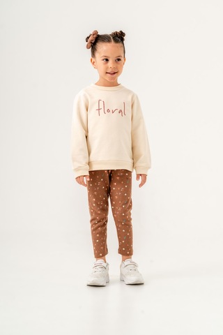 Kız Çocuk Floral Nakışlı İki İplik Kumaş Taytlı Takım Toka Dahildir. Ekru