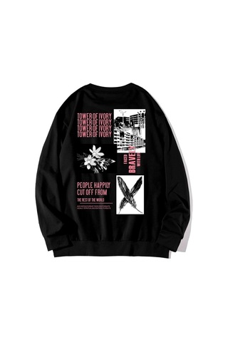 Unisex Oversize Bravely Baskılı Siyah Sweatshirt siyah
