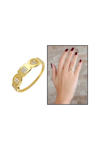 Zirkon Taşlı Geometrik Tasarım Gold Renk 925 Ayar Gümüş Bayan Yüz (429500770)