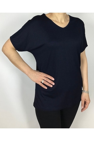 Kısa Kol V Yaka Likralı Düz Penye Bluz Lacivert