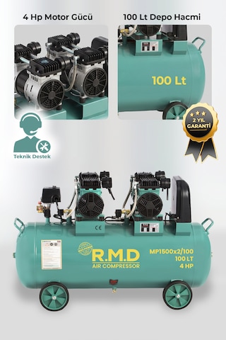 R.m.d Kompresör 100 Lt Yüksek Emişli Yağsız Teknoloji Hava Kompresörü -mp1500x2ı100