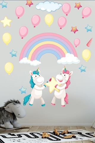 Sevimli Unicorn Gökkuşağı Bulutlar Ve Yıldızlar Sticker