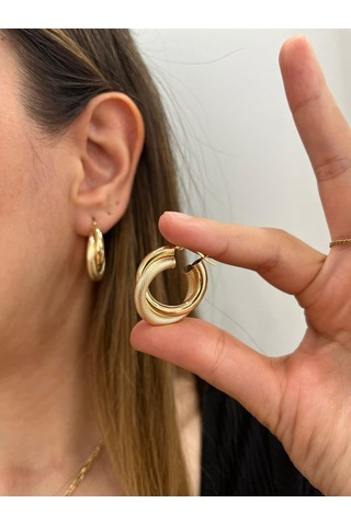 Altın Nesil - 14 Ayar Altın Çift Halka Kalın Boru Yuvarlak Küpe Altın - Beyaz Altın