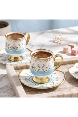 Aryıldız Eros 12 Parça 6 Kişilik Kahve Fincan Takımı Açık Mavi 90 Ml Çok Renkli