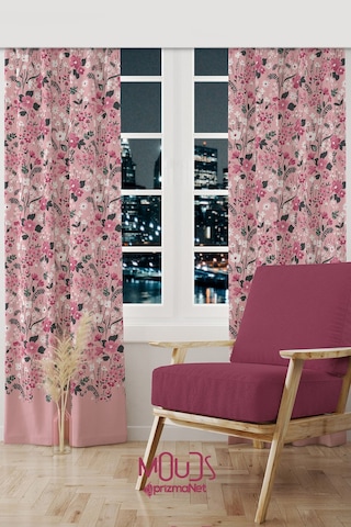 Pembe Çiçek Desenli Süet Oturma Odası Salon Fon Perde Baskılı Ekstrafor Büzgü 2 Kanat Prd-1022 Çok Renkli