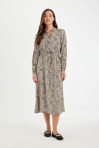 Defacto Apaş Yaka Leopar Desenli Düğmeli Uzun Kollu Viskon Kemerli Maxi Elbise D1070AX24AUER37