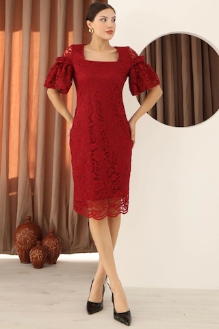 Lodmela Kare Yaka Balon Kollu Dantel Elbise 6039-bordo Bordo