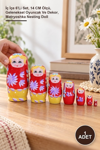 1 Adet Ahşap Matruşka İç İçe 6'li Set, 14 Cm Ölçü, Geleneksel Oyuncak Ve Dekor, Matryoshka Nesting Doll