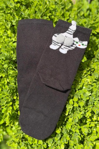Lousocks Unisex Siyah Yeşil Gözlü Tekir Kedi Desenli Ponpon Soket Çorap